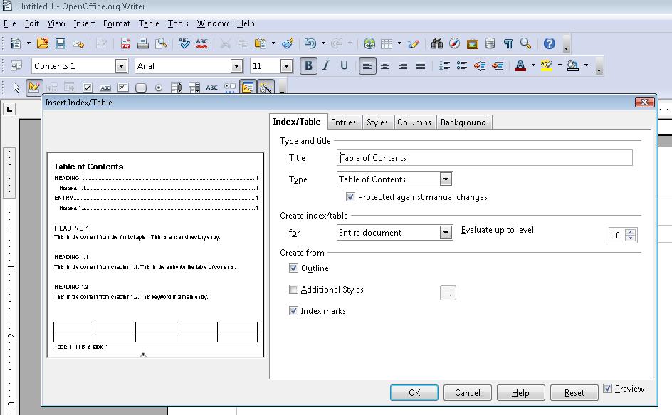Image of the Insert Index/Table dialog in OpenOffice.org Writer.