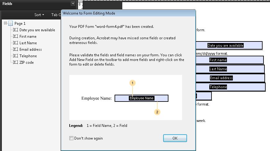 Form fields in a PDF document in Adobe Acrobat Pro after running the Form Field Recognition tool.