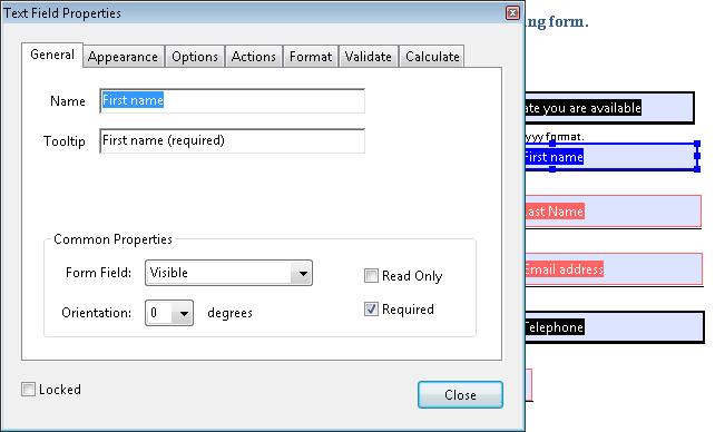 The Properties dialog for a form field. The Required box is checked.