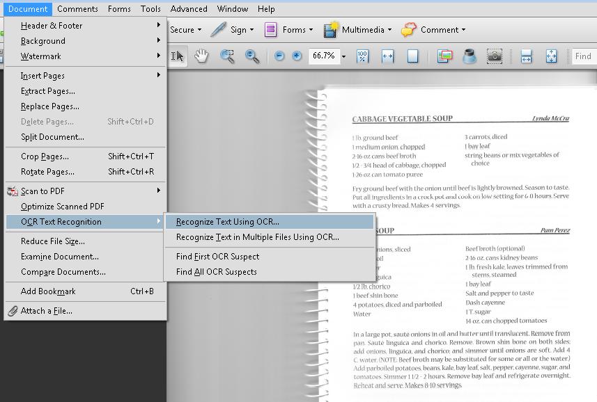 A scanned page in Acrobat Pro showing soup recipes. 