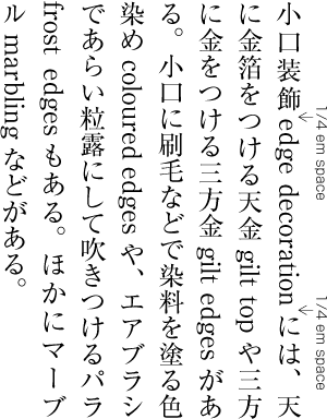 Example of a quarter em inter-character space between hiragana, katakana and ideographic characters, and Latin characters.