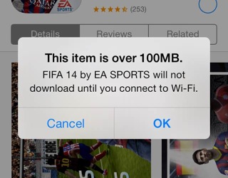 A pop-up in iOS warns the user if an application exceeds 100Mb