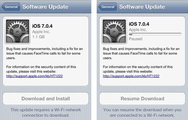 iOS update screen: tells the user that Wi-Fi is required to perform the update to iOS7