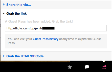 Flickr dialog saying 'Grab the link' for a Guest Pass and inviting the user to visit the Guess Pass History.