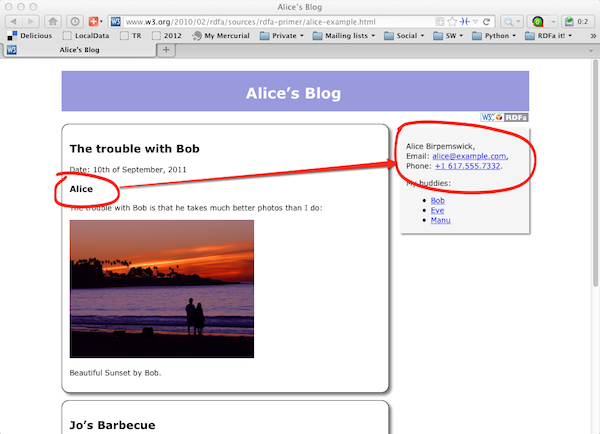 Mock-up of Alice's blog page design, with blogs on the left and personal data on the right