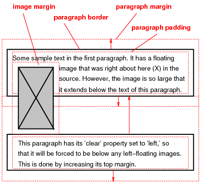 Image showing a floating
  image and the effect of 'clear: left' on the two paragraphs.