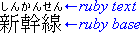 At the bottom left, three Japanese ideographs from left to right. On top of them, six hiragana characters at half size. To the right, arrows and text saying 'ruby base' (bottom) and 'ruby text' (top).