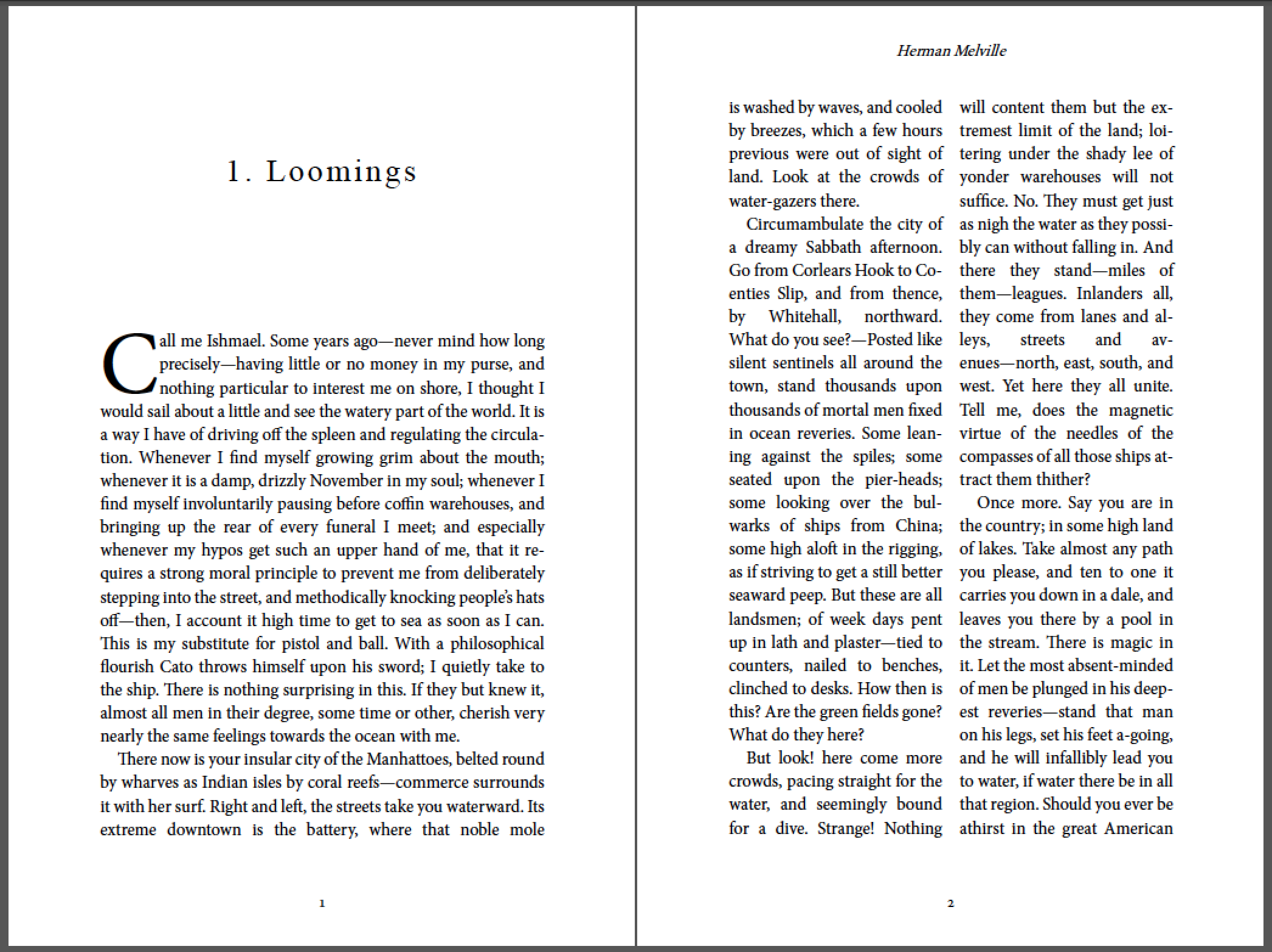 diagram of facing text pages with one column on first page, and two on second page
