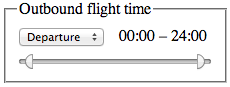 A control group with the label 'Outbound flight time', showing a drop-down that lets you select Departure vs Arrival, a two-handled range control that lets you set the start and end time of the range, and a label showing the currently selected times.