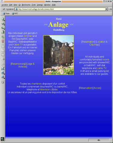 screendump of hotel home page, with image and text in two languages
