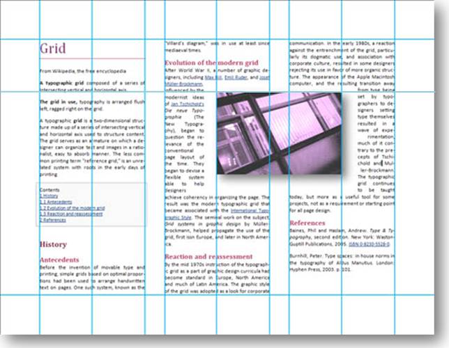 Example: a 3-column grid with lines
      to align the text to and other lines to align images to.