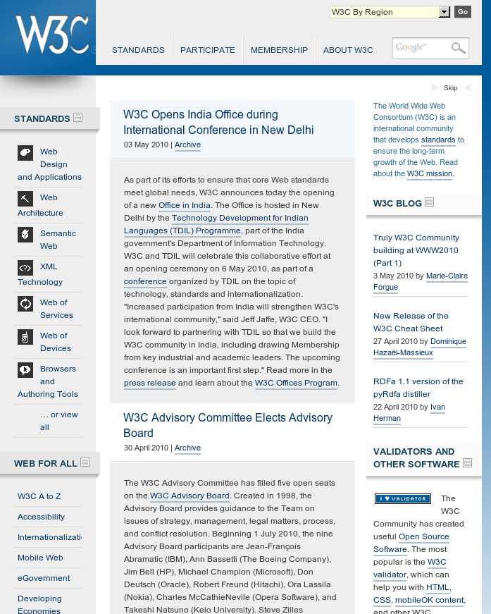 The W3C home page contains news items and an index           of W3C's work areas