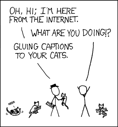 Cartoon: Oh Hi, I'm here from the Internet. What are you doing? Gluing cations to your cats.