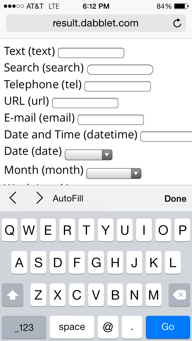 Screenshot: iOS form field type is email