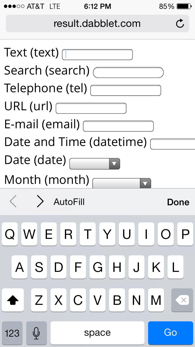 Screenshot: iOS form field type is text