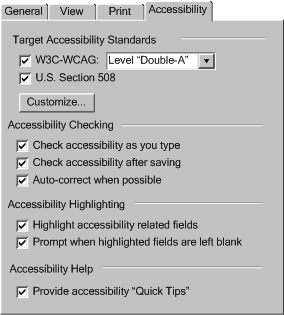 Screenshot of contrived accessibility options dialog