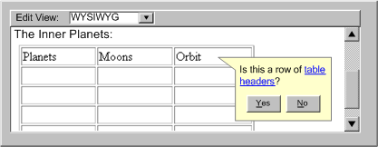 Screen shot demonstrating a system for automatically adding table heading markup.