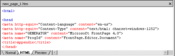 Screenshot of Frontpage2000 showing the red font used to indicate syntax errors