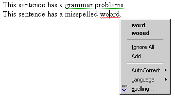 Screenshot of Word2000 showing the red and green underlines for spelling and grammar errors