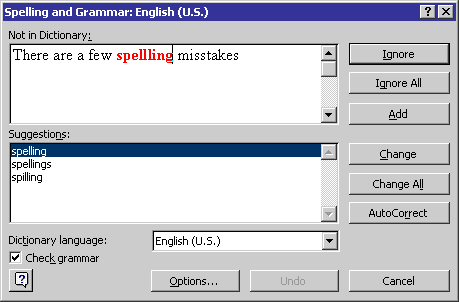 Screenshot of Word2000 spelling and grammar checker