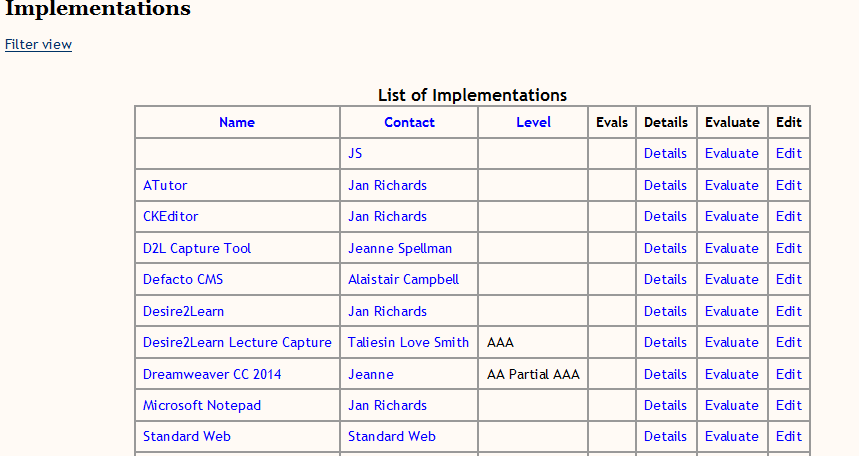 Sample list of Authoring Tools with Name in column 1 and the Evaluate link in column 6