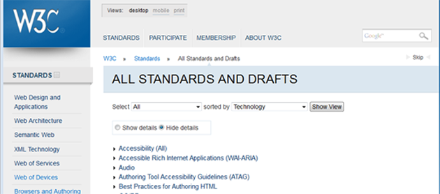 screenshot of W3C standards listing