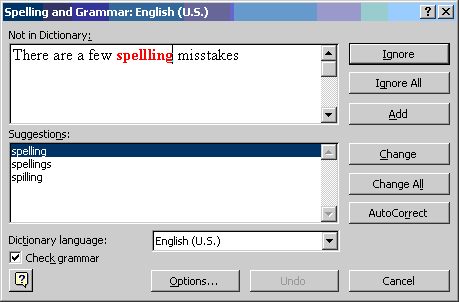Screenshot of Word2000 spelling and grammar checker