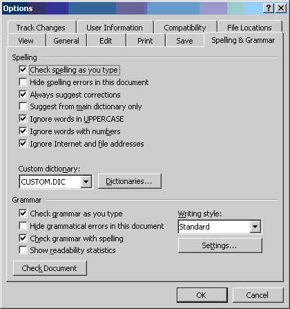 Screenshot of Word2000 spelling options include checking as you type, suggestions, and what to ignore