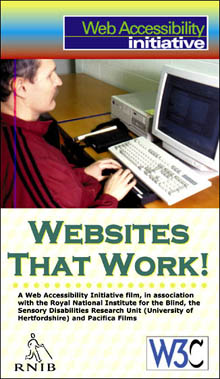 Picture of video jacket, showing a
blind user and at his computer and braille keyboard