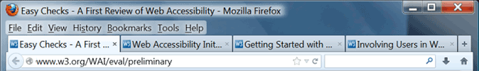 Screen shot showing title bar and tabs in FireFox browser. Tabs have: 'Easy Checks - A First...', Web Accessibility Init...', 'Getting Started with...', 'Involving Users in W...'. (FireFox 21.0, Windows)
