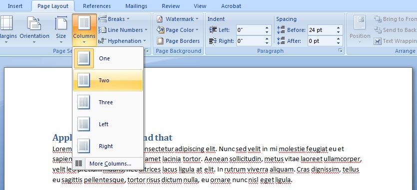 Image showing the Columns tool in Word. Two is selected to lay out the page in 2 columns.
