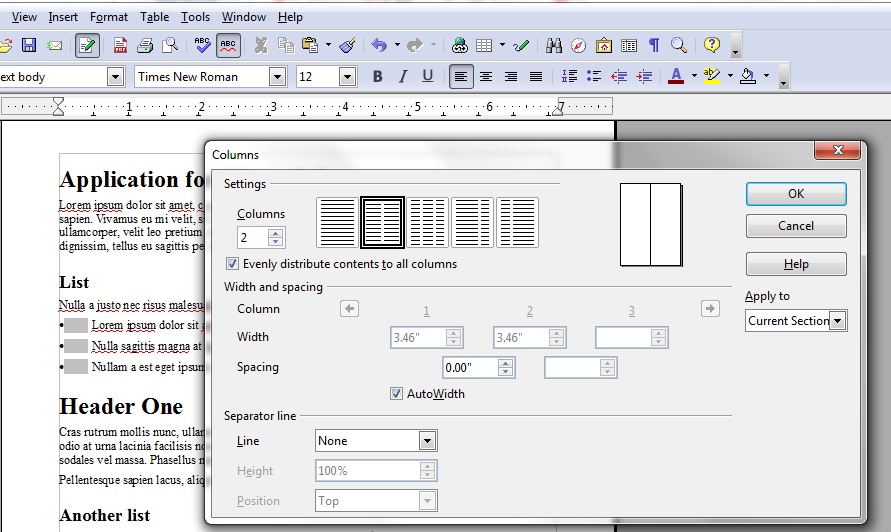 Image showing the Columns tool in OpenOffice.org Writer. Two is selected to lay out the page in 2 columns.