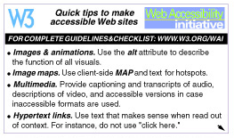 Quick tips to make accessible Web sites, on a business card format, with 4 tips on the recto.