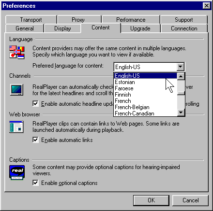 Illustration of how user selects preferred language
for captions in Real Player