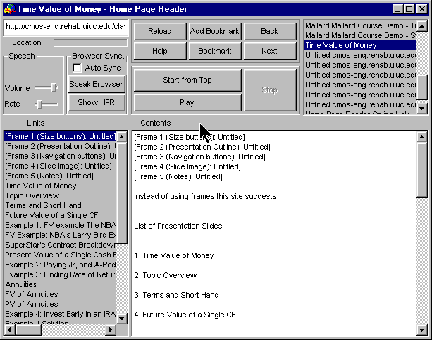 Example frameset with five links for each of the frame elements in
IBM home page reader