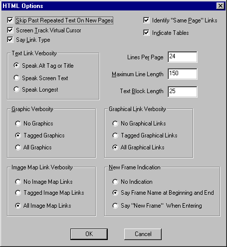 JAWS for Windows HTML Options menu, which allows configuration of a number of link rendering options