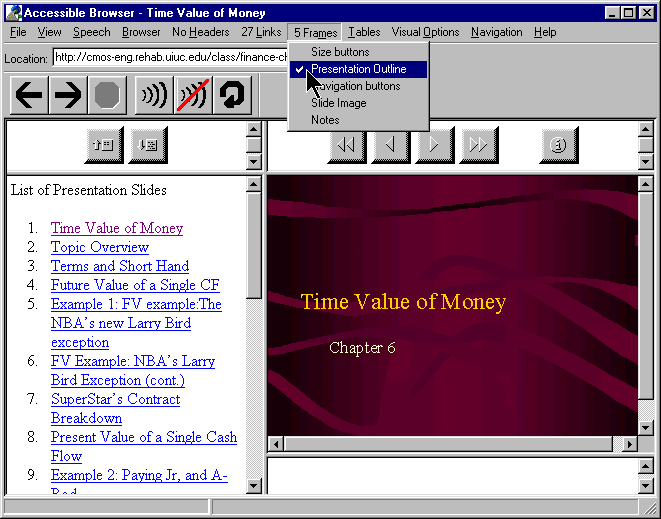 A pull down menu indicating the number of frames in a document, the labels associated with each frame, and a check mark to indicate the frame with the current focus