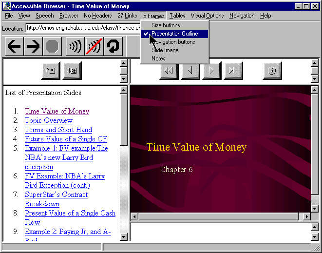 Image shows a pull down menu indicating the number of frames in a document, the labels associated with each frame, and a check mark to indicate the current frame