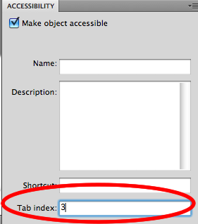 Setting a tab index value in the Accessibility panel