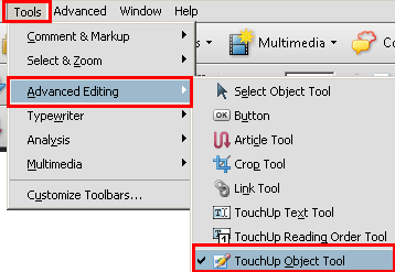 The TouchUp Object Tool in the Advanced Editing menu.