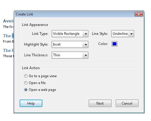 Image of a PDF document with the Create Link dialog open and link appearance options selected.