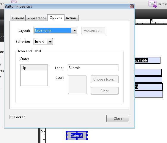 The Options tab in the Button Properties dialog, showing the layout and label button properties.