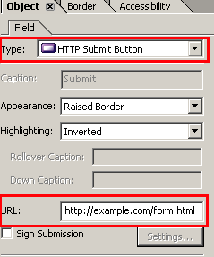 The Object panel showing the URL and other fields for specifying the submit button's appearance and action.