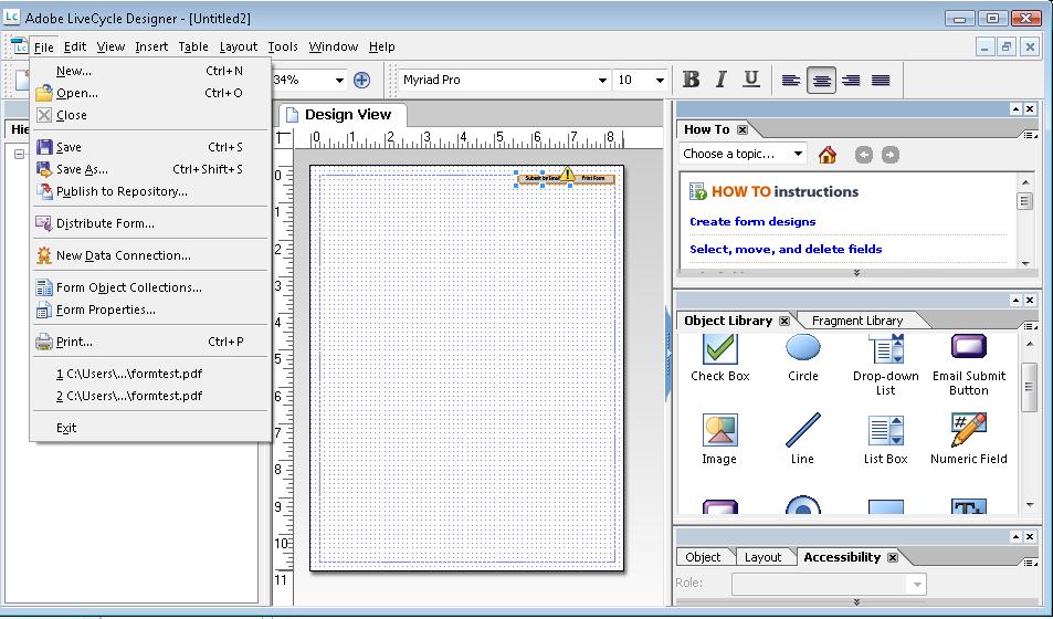 スクリーンショット：LiveCycle Designer でオブジェクトライブラリを使用して新規作成された空白のフォーム
