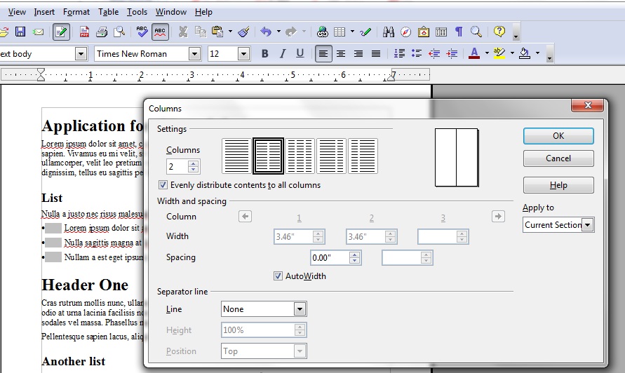 スクリーンショット：OpenOffice.org Writerの段組みツールで、ページを二段組みにするために「2段」が選択されている。