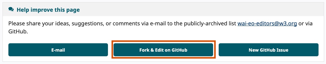 Screenshot of the “Help improve this page” box. The “Fork & Edit in Github” middle button is outlined in dark orange.