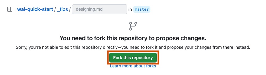 Screenshot of a page in GitHub, stating “You need to fork this repository to propose changes”. The “Fork this repository” button is outlined in dark orange.