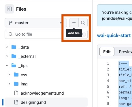 Screenshot of the edit view in GitHub, with the file tree expanded. The “+” or “Add file” button is outlined in dark orange.