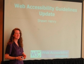 photo with Shawn and presentation slide, with text: Web Accessibility Guidelines Update. Shawn Henry. logos: W3C, Web Accessibility initiative.