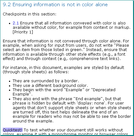 estratto da http://www.w3.org/TR/WCAG10-CSS-TECHS/#style-info-not-in-color-alone